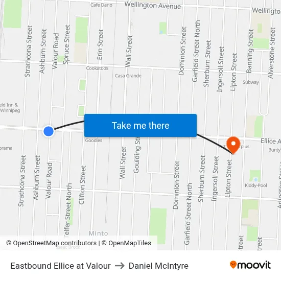 Eastbound Ellice at Valour to Daniel McIntyre map
