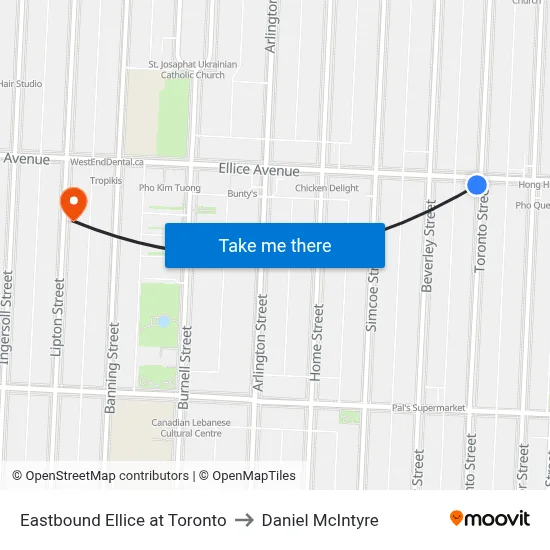 Eastbound Ellice at Toronto to Daniel McIntyre map