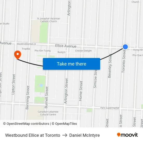 Westbound Ellice at Toronto to Daniel McIntyre map