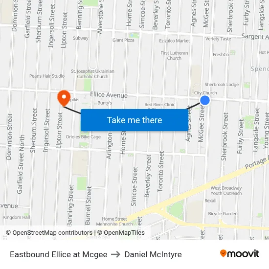 Eastbound Ellice at Mcgee to Daniel McIntyre map