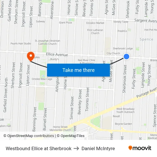Westbound Ellice at Sherbrook to Daniel McIntyre map