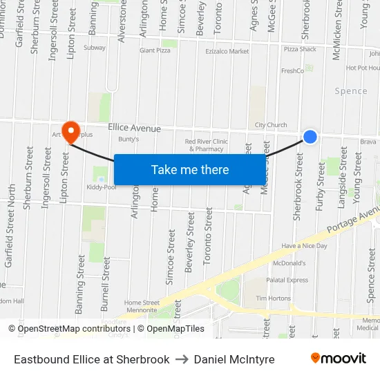 Eastbound Ellice at Sherbrook to Daniel McIntyre map