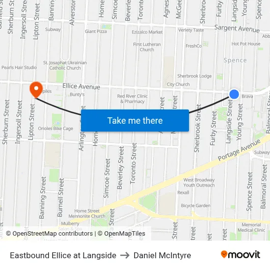 Eastbound Ellice at Langside to Daniel McIntyre map