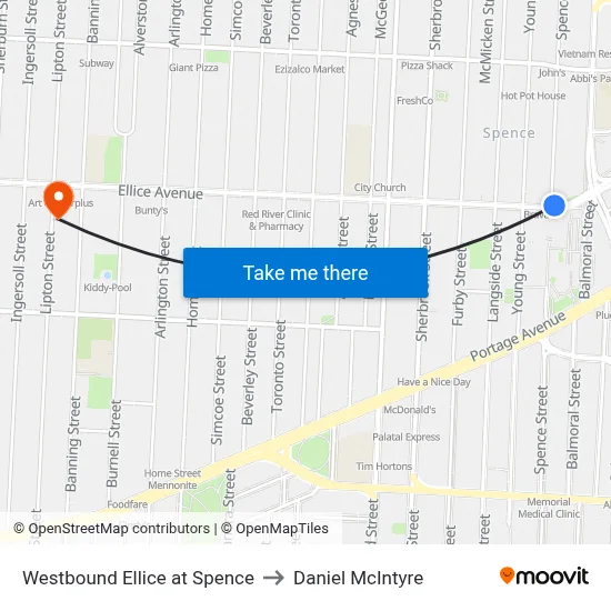 Westbound Ellice at Spence to Daniel McIntyre map