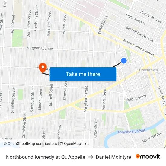 Northbound Kennedy at Qu'Appelle to Daniel McIntyre map