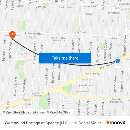 Westbound Portage at Spence (U Of W) to Daniel McIntyre map