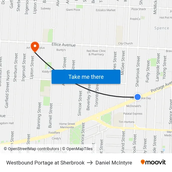 Westbound Portage at Sherbrook to Daniel McIntyre map