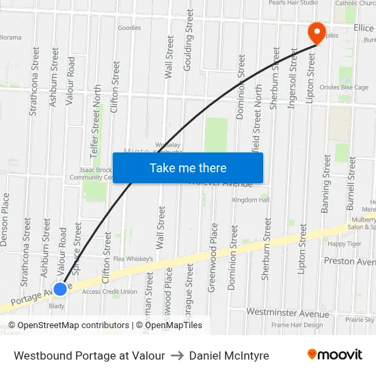 Westbound Portage at Valour to Daniel McIntyre map