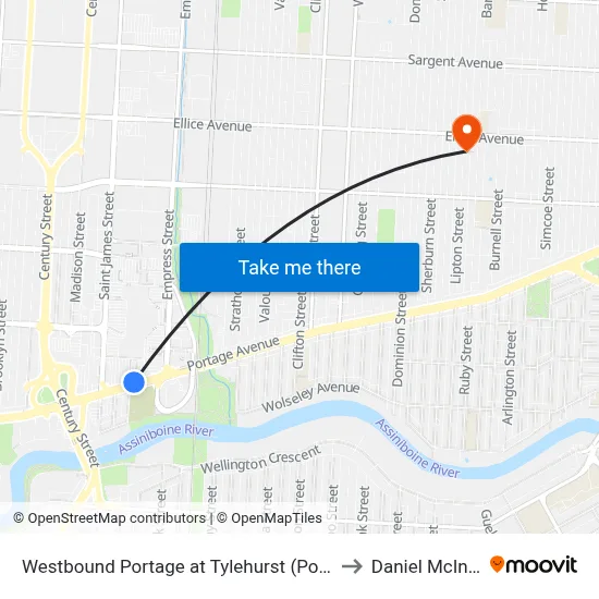 Westbound Portage at Tylehurst (Polo Park) to Daniel McIntyre map