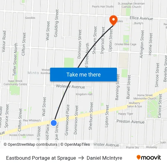 Eastbound Portage at Sprague to Daniel McIntyre map