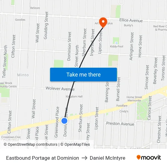 Eastbound Portage at Dominion to Daniel McIntyre map