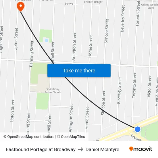 Eastbound Portage at Broadway to Daniel McIntyre map