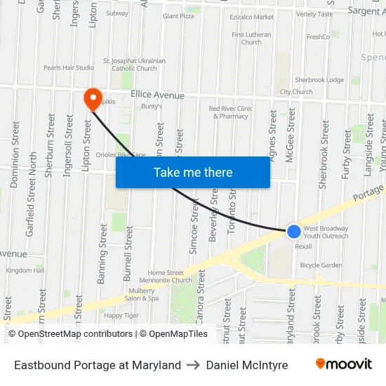 Eastbound Portage at Maryland to Daniel McIntyre map