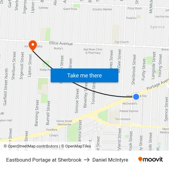 Eastbound Portage at Sherbrook to Daniel McIntyre map