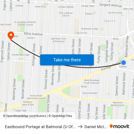 Eastbound Portage at Balmoral (U Of Winnipeg) to Daniel McIntyre map