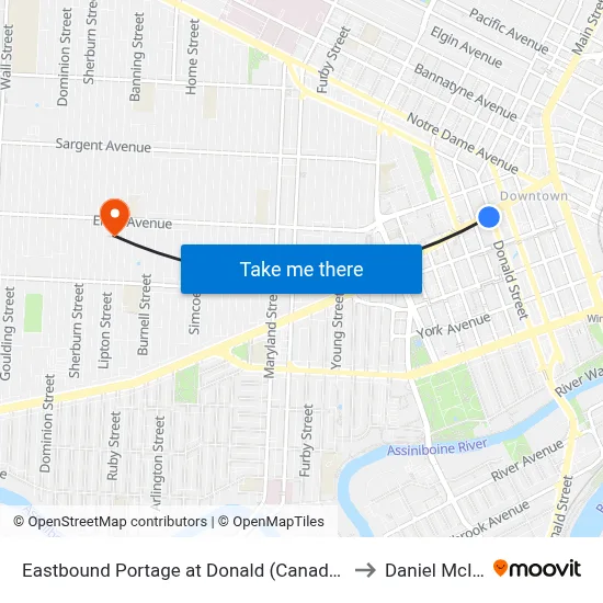Eastbound Portage at Donald (Canada Life Centre) to Daniel McIntyre map