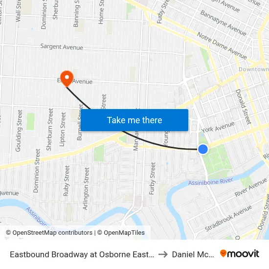 Eastbound Broadway at Osborne East (Legislature) to Daniel McIntyre map