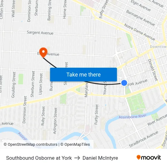 Southbound Osborne at York to Daniel McIntyre map