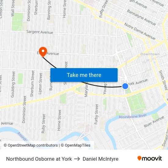 Northbound Osborne at York to Daniel McIntyre map