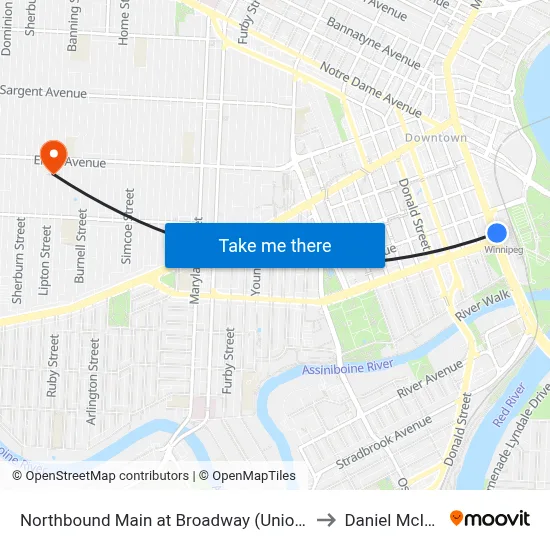 Northbound Main at Broadway (Union Station) to Daniel McIntyre map