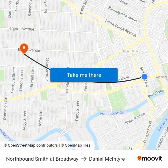 Northbound Smith at Broadway to Daniel McIntyre map