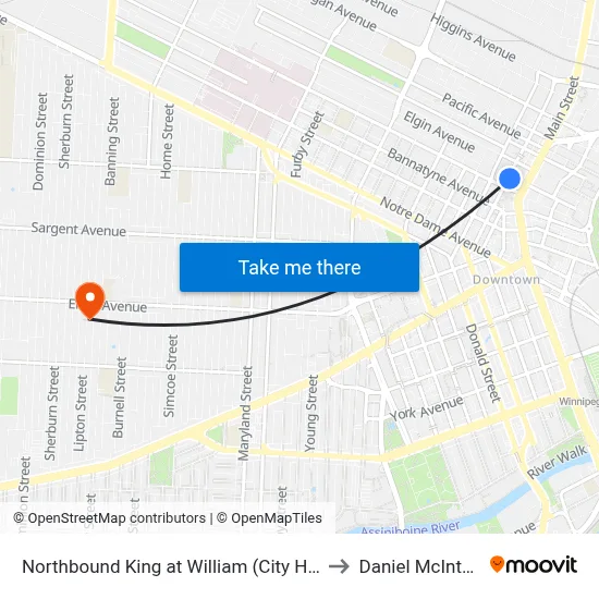 Northbound King at William (City Hall) to Daniel McIntyre map