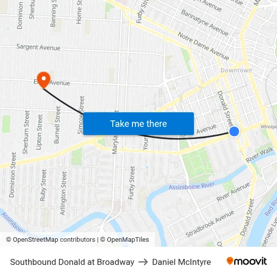 Southbound Donald at Broadway to Daniel McIntyre map