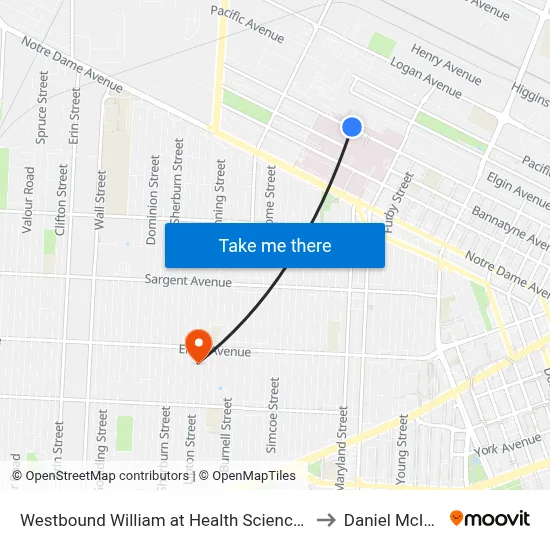 Westbound William at Health Sciences Centre to Daniel McIntyre map