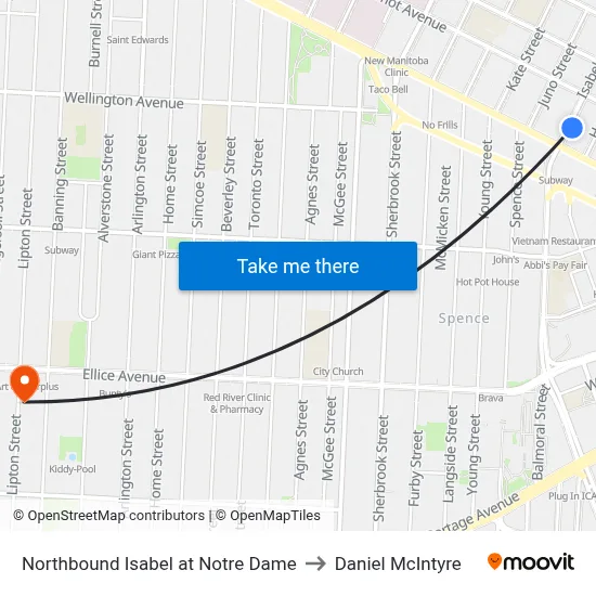Northbound Isabel at Notre Dame to Daniel McIntyre map