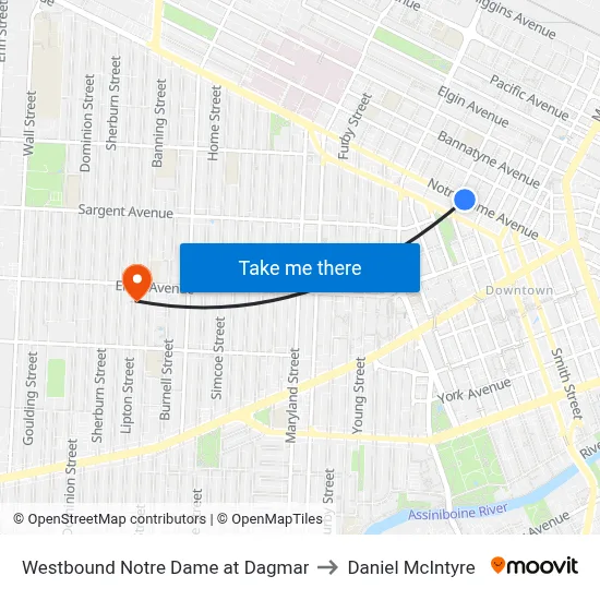 Westbound Notre Dame at Dagmar to Daniel McIntyre map