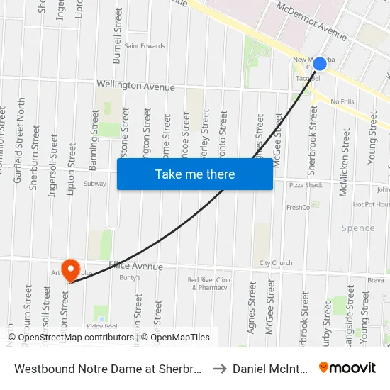 Westbound Notre Dame at Sherbrook to Daniel McIntyre map