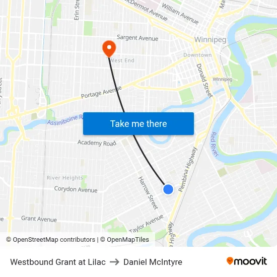 Westbound Grant at Lilac to Daniel McIntyre map