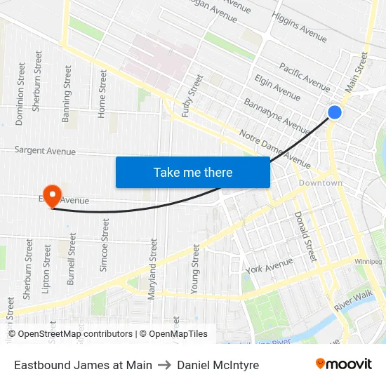 Eastbound James at Main to Daniel McIntyre map