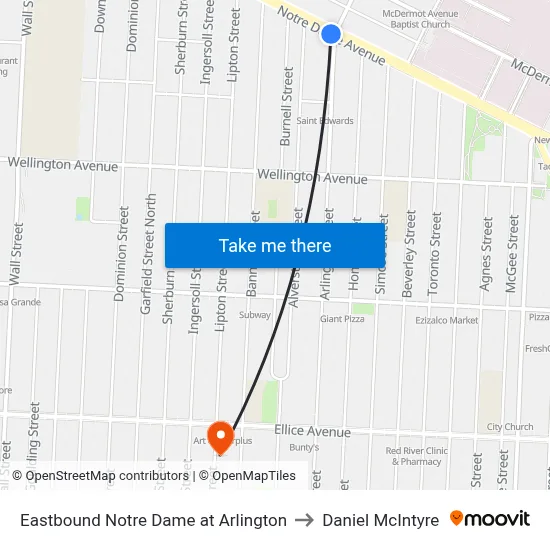 Eastbound Notre Dame at Arlington to Daniel McIntyre map