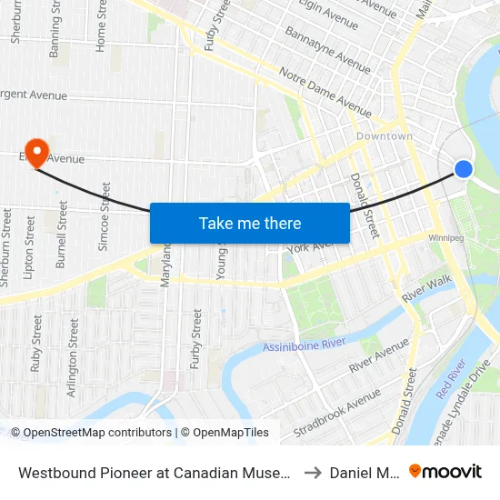 Westbound Pioneer at Canadian Museum For Human Rights to Daniel McIntyre map