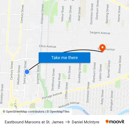 Eastbound Maroons at St. James to Daniel McIntyre map