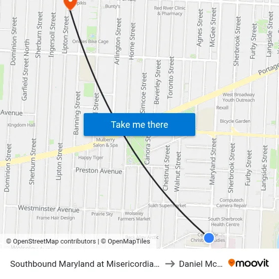 Southbound Maryland at Misericordia Health Centre to Daniel McIntyre map