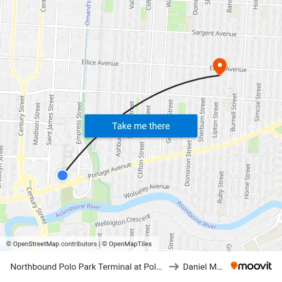 Northbound Polo Park Terminal at Polo Park Hub (D16) to Daniel McIntyre map