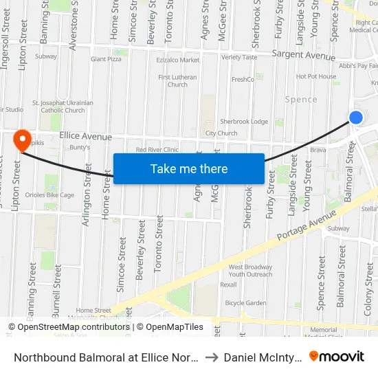 Northbound Balmoral at Ellice North to Daniel McIntyre map
