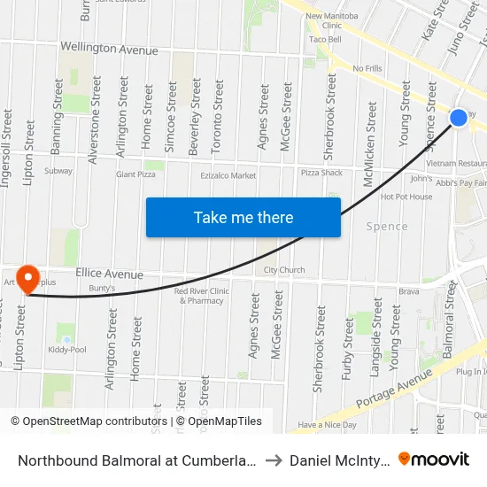 Northbound Balmoral at Cumberland to Daniel McIntyre map
