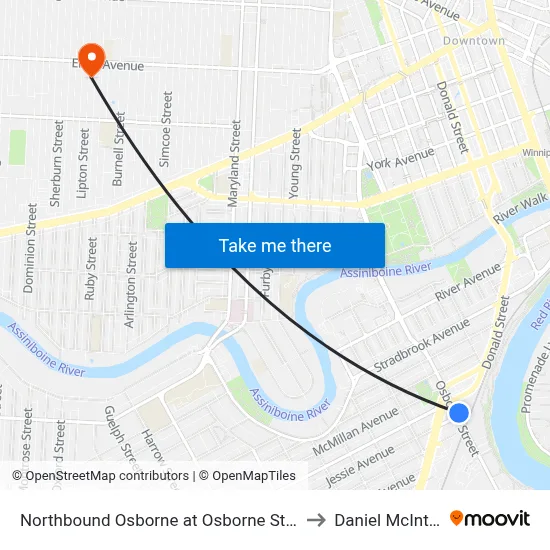 Northbound Osborne at Osborne Station to Daniel McIntyre map