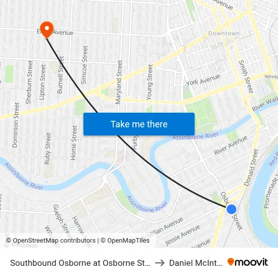 Southbound Osborne at Osborne Station to Daniel McIntyre map