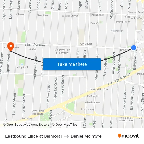 Eastbound Ellice at Balmoral to Daniel McIntyre map