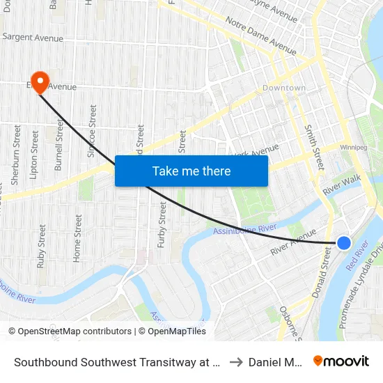 Southbound Southwest Transitway at Harkness Station to Daniel McIntyre map