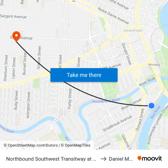 Northbound Southwest Transitway at Harkness Station to Daniel McIntyre map