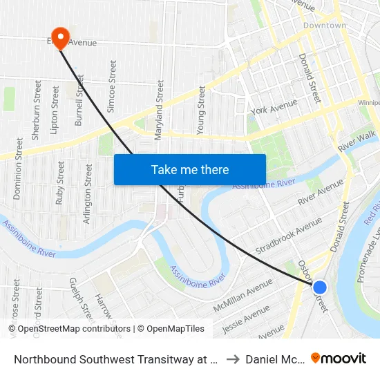Northbound Southwest Transitway at Osborne Station to Daniel McIntyre map