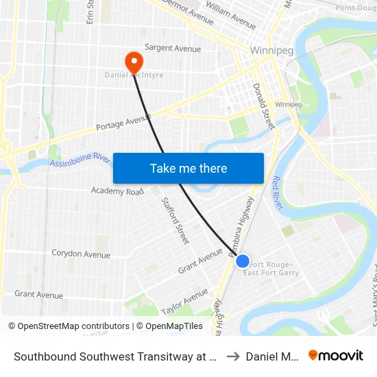 Southbound Southwest Transitway at Fort Rouge Station to Daniel McIntyre map