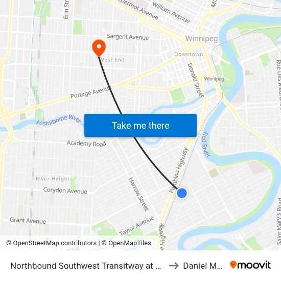 Northbound Southwest Transitway at Fort Rouge Station to Daniel McIntyre map