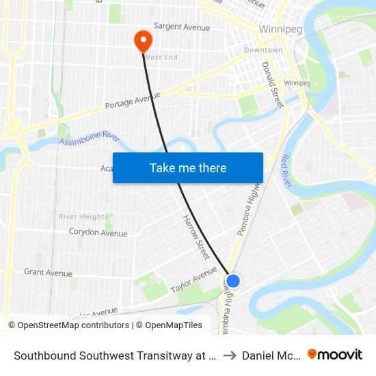 Southbound Southwest Transitway at Jubilee Station to Daniel McIntyre map