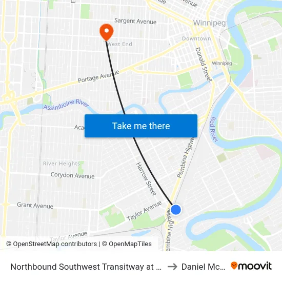 Northbound Southwest Transitway at Jubilee Station to Daniel McIntyre map